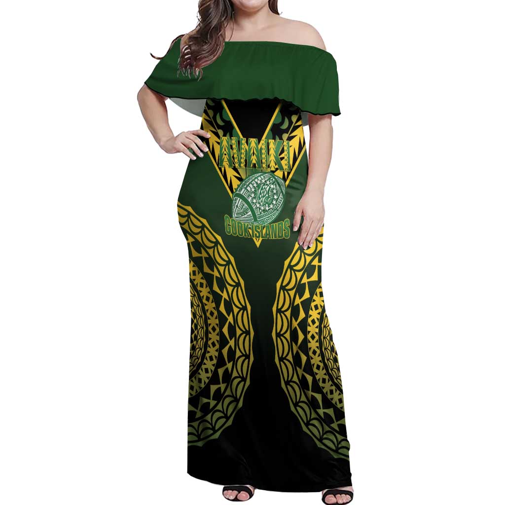 Custom Avaiki Cook Islands Rugby Off Shoulder Maxi Dress Kuki Airani Tatau Black LT14 Women Black - Polynesian Pride