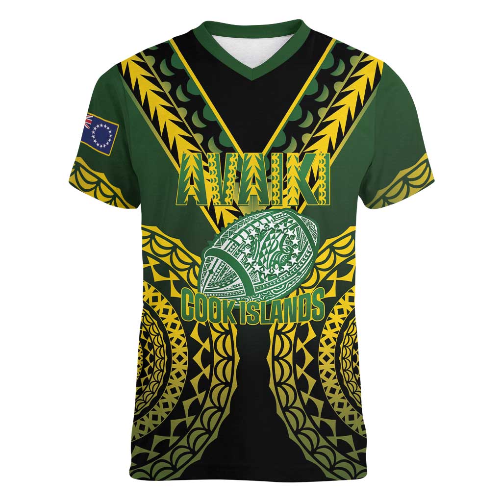 Custom Avaiki Cook Islands Rugby Women V-Neck T-Shirt Kuki Airani Tatau Black LT14 Female Black - Polynesian Pride