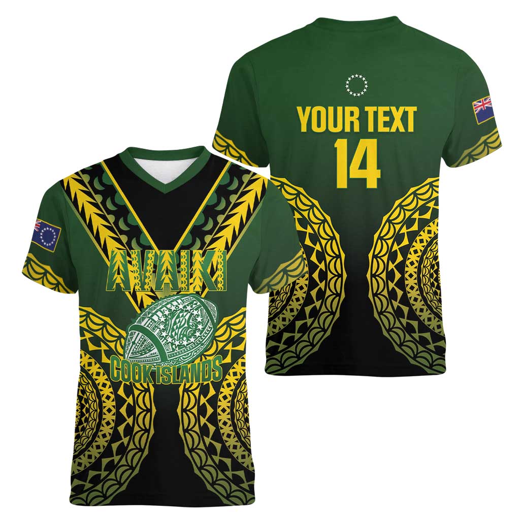 Custom Avaiki Cook Islands Rugby Women V-Neck T-Shirt Kuki Airani Tatau Black LT14 - Polynesian Pride