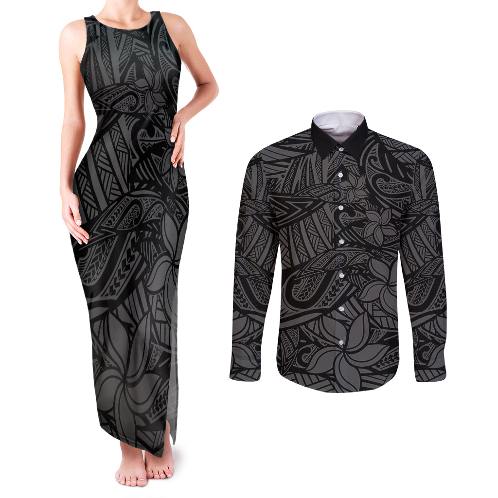 Polynesia Couples Matching Tank Maxi Dress and Long Sleeve Button Shirt Polynesian Pattern Mix Plumeria Black LT14 Black - Polynesian Pride
