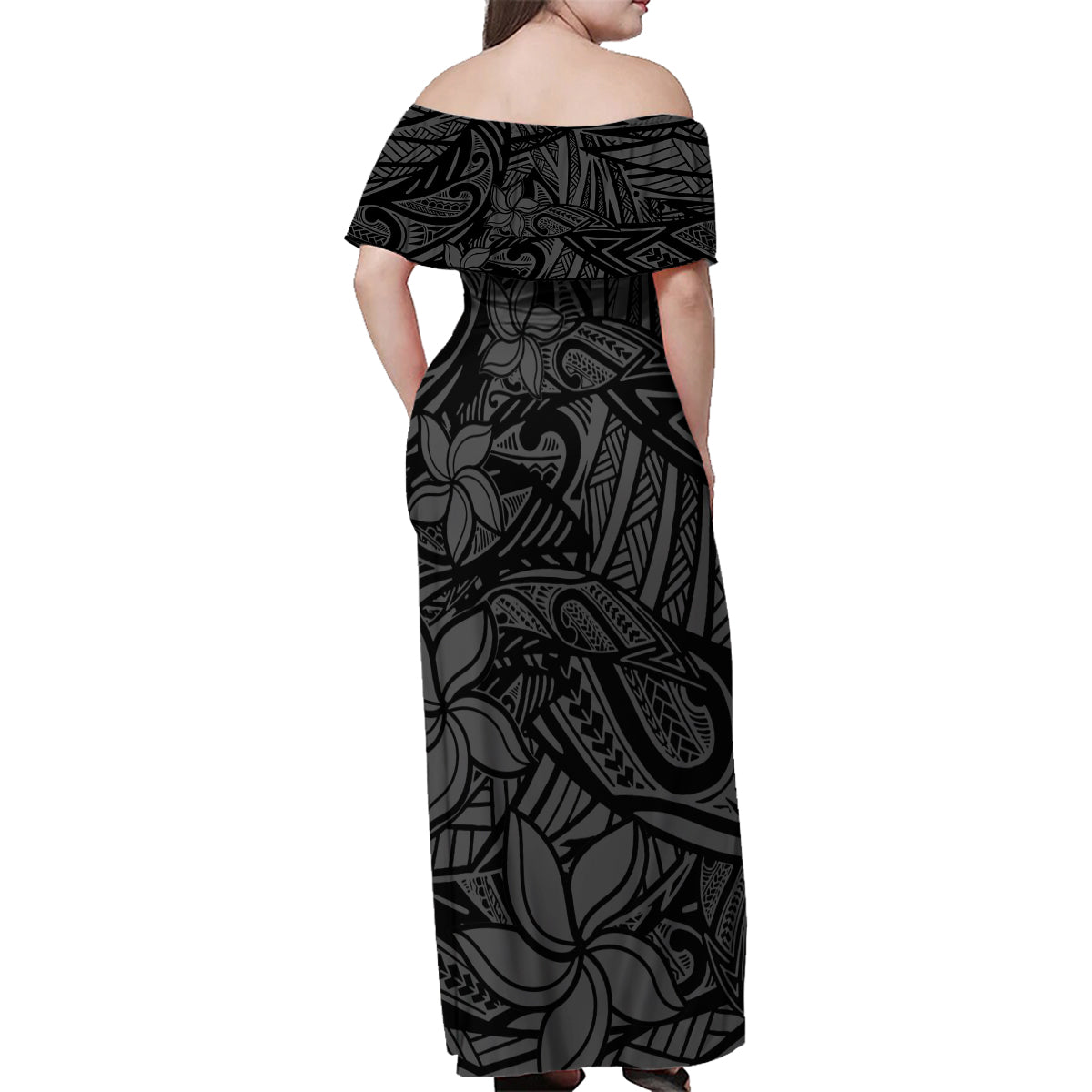 Polynesia Family Matching Off Shoulder Maxi Dress and Hawaiian Shirt Polynesian Pattern Mix Plumeria Black LT14 - Polynesian Pride