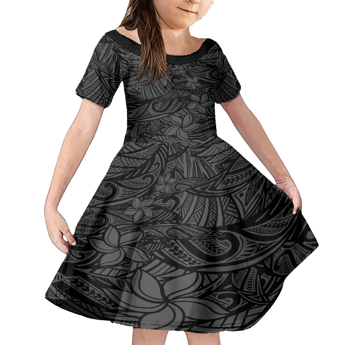 Polynesia Family Matching Off Shoulder Short Dress and Hawaiian Shirt Polynesian Pattern Mix Plumeria Black LT14 Daughter's Dress Black - Polynesian Pride