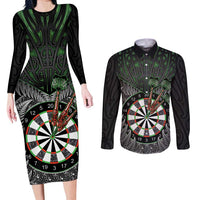 Personalised New Zealand Darts Couples Matching Long Sleeve Bodycon Dress and Long Sleeve Button Shirt Dartboard Maori Fern Puhoro Art