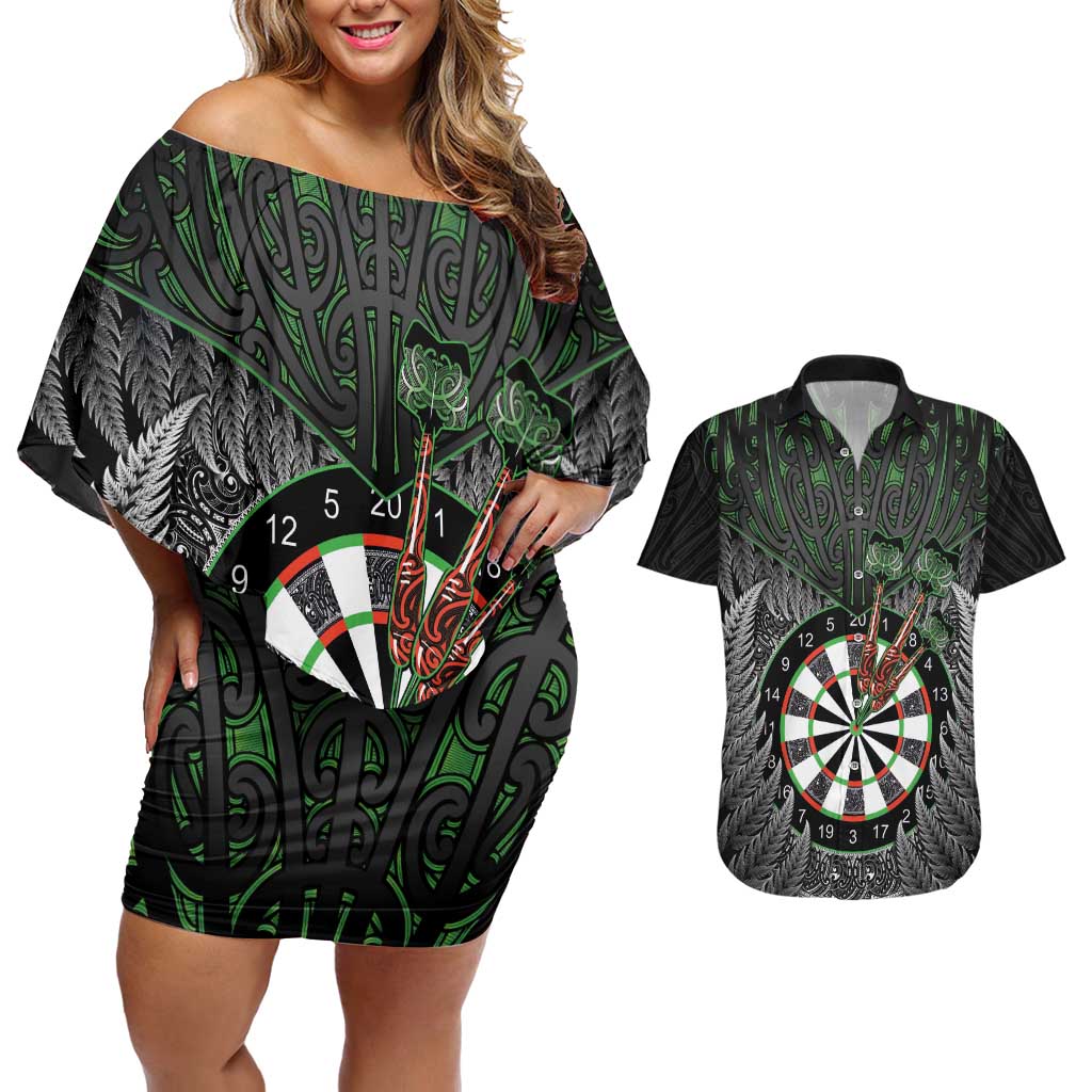 Personalised New Zealand Darts Couples Matching Off Shoulder Short Dress and Hawaiian Shirt Dartboard Maori Fern Puhoro Art