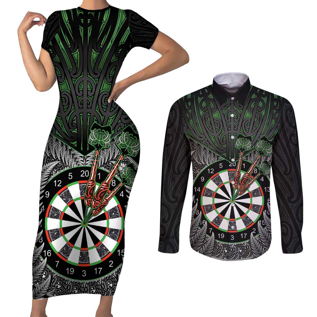 Personalised New Zealand Darts Couples Matching Short Sleeve Bodycon Dress and Long Sleeve Button Shirt Dartboard Maori Fern Puhoro Art
