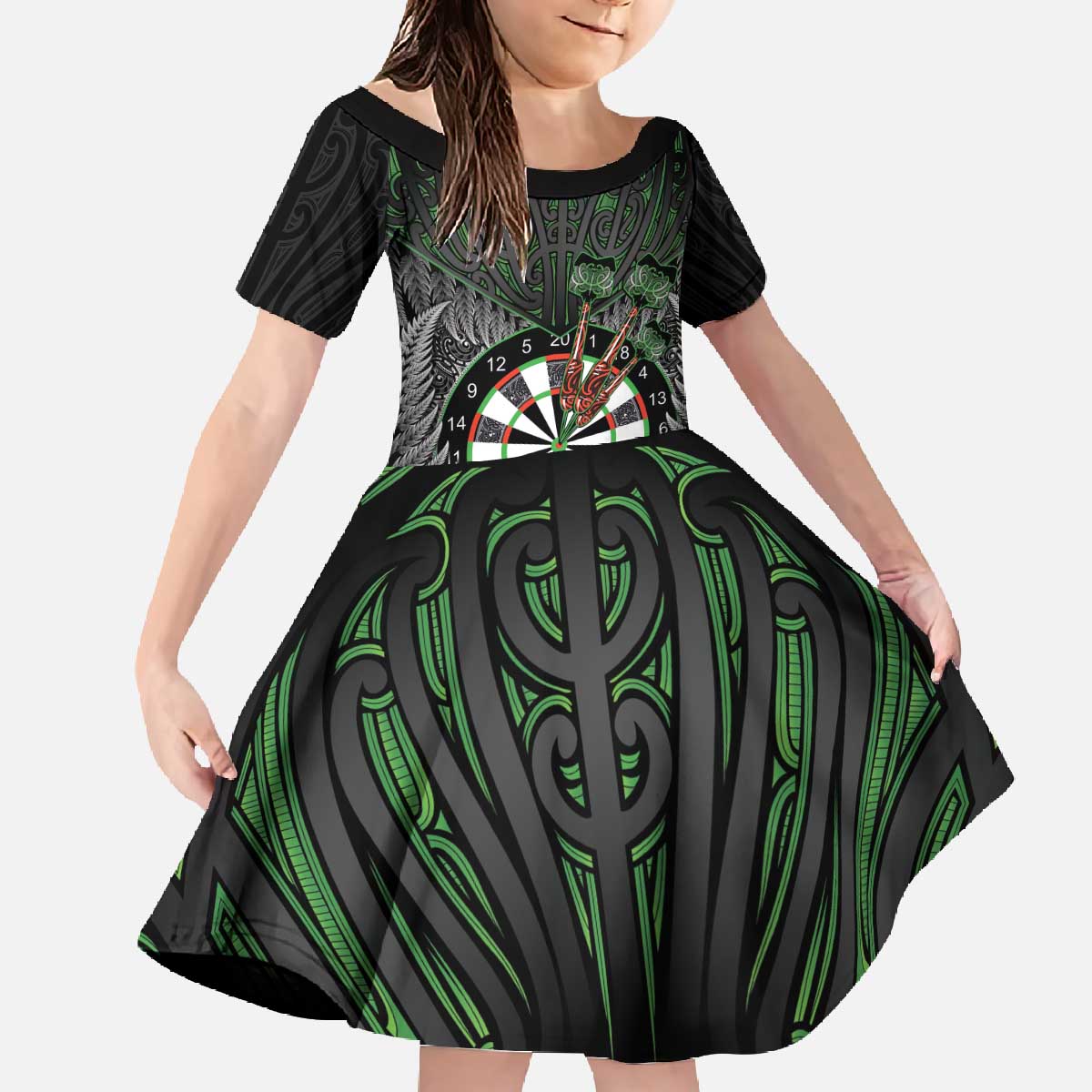 Personalised New Zealand Darts Family Matching Off The Shoulder Long Sleeve Dress and Hawaiian Shirt Dartboard Maori Fern Puhoro Art