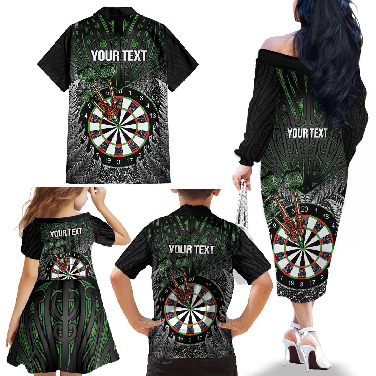 Personalised New Zealand Darts Family Matching Off The Shoulder Long Sleeve Dress and Hawaiian Shirt Dartboard Maori Fern Puhoro Art