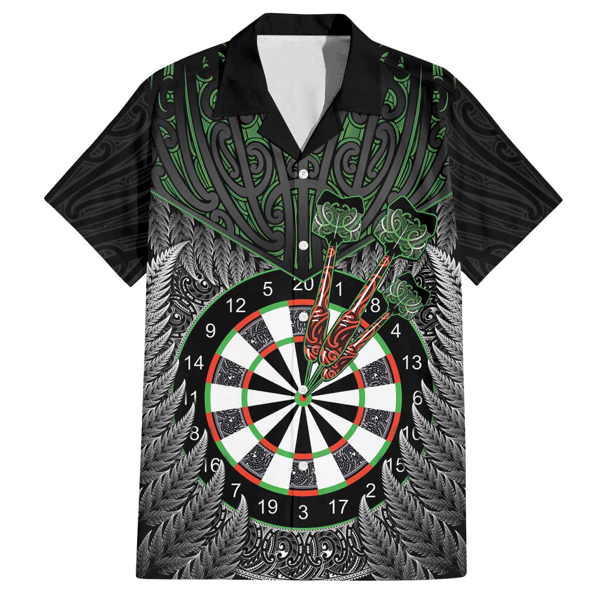 Personalised New Zealand Darts Family Matching Off The Shoulder Long Sleeve Dress and Hawaiian Shirt Dartboard Maori Fern Puhoro Art