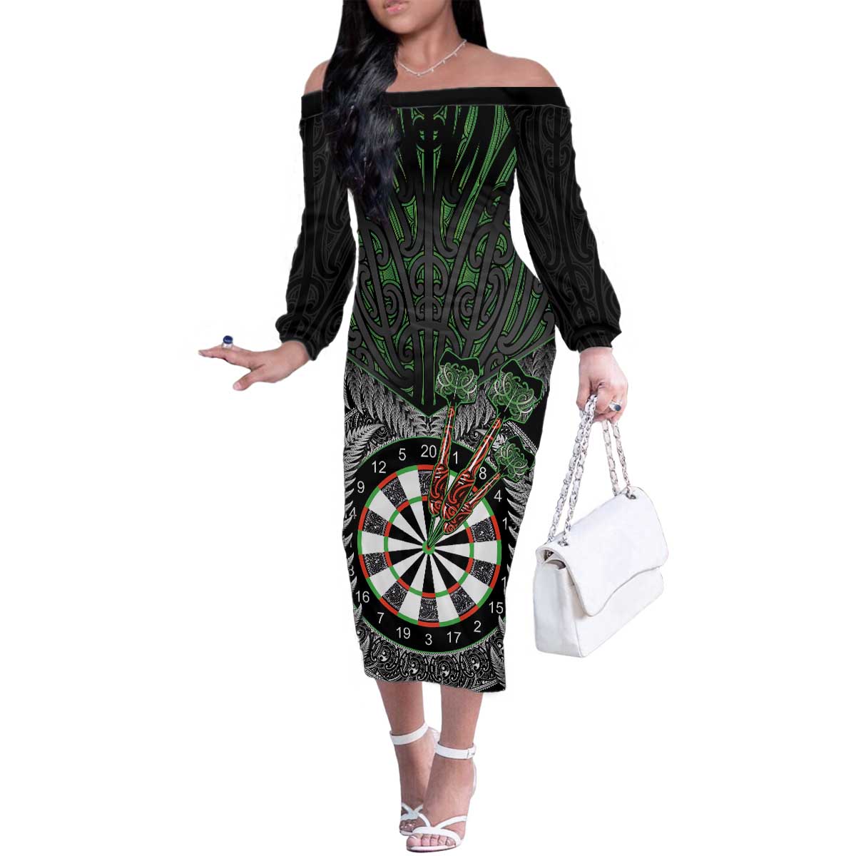 Personalised New Zealand Darts Family Matching Off The Shoulder Long Sleeve Dress and Hawaiian Shirt Dartboard Maori Fern Puhoro Art