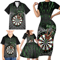 Personalised New Zealand Darts Family Matching Short Sleeve Bodycon Dress and Hawaiian Shirt Dartboard Maori Fern Puhoro Art