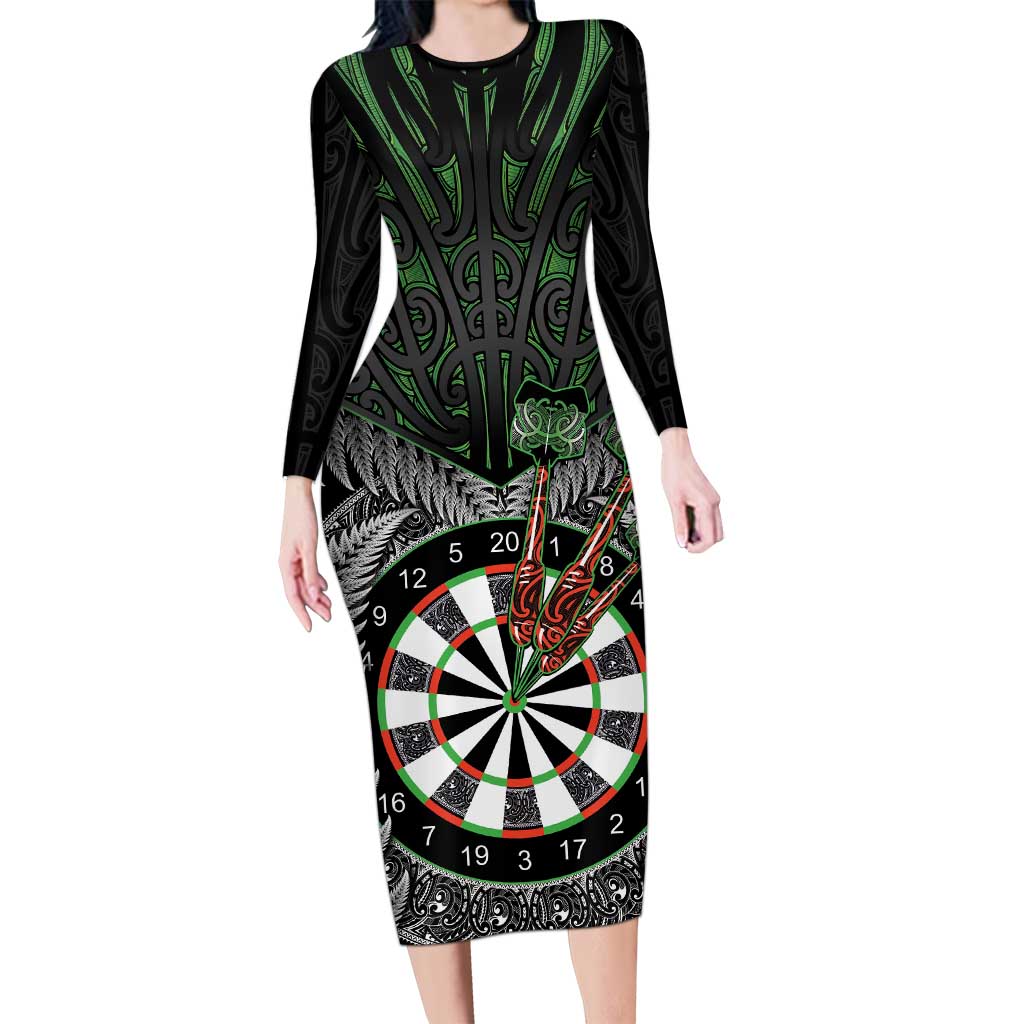 Personalised New Zealand Darts Long Sleeve Bodycon Dress Dartboard Maori Fern Puhoro Art
