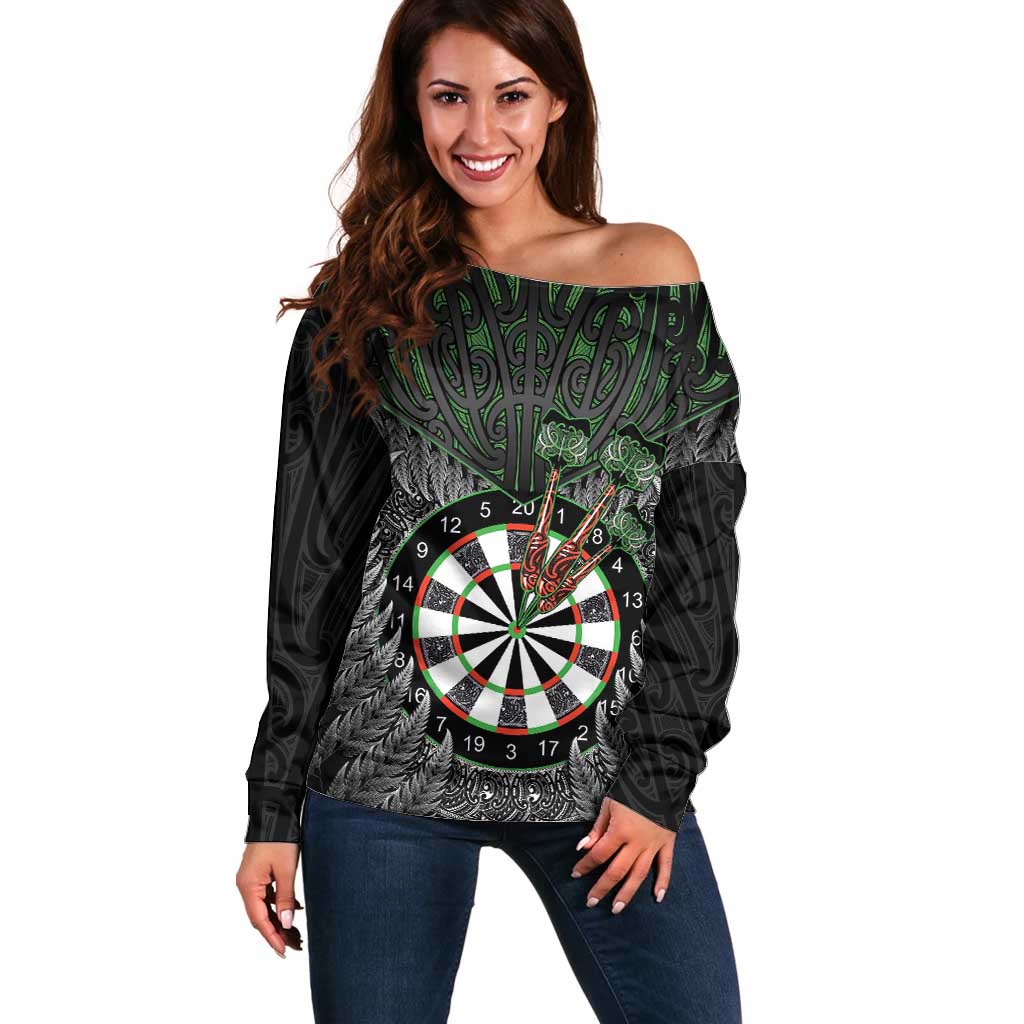 Personalised New Zealand Darts Off Shoulder Sweater Dartboard Maori Fern Puhoro Art