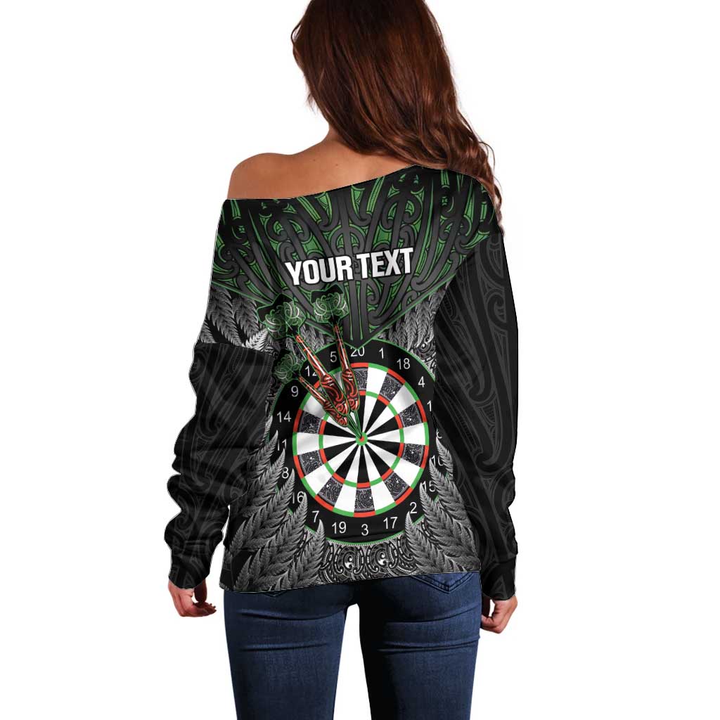 Personalised New Zealand Darts Off Shoulder Sweater Dartboard Maori Fern Puhoro Art