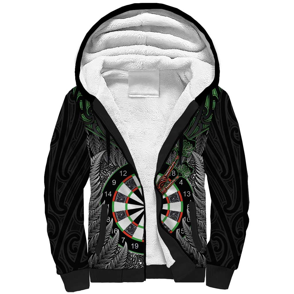 Personalised New Zealand Darts Sherpa Hoodie Dartboard Maori Fern Puhoro Art