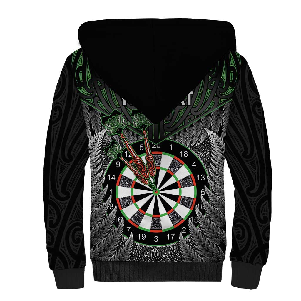 Personalised New Zealand Darts Sherpa Hoodie Dartboard Maori Fern Puhoro Art