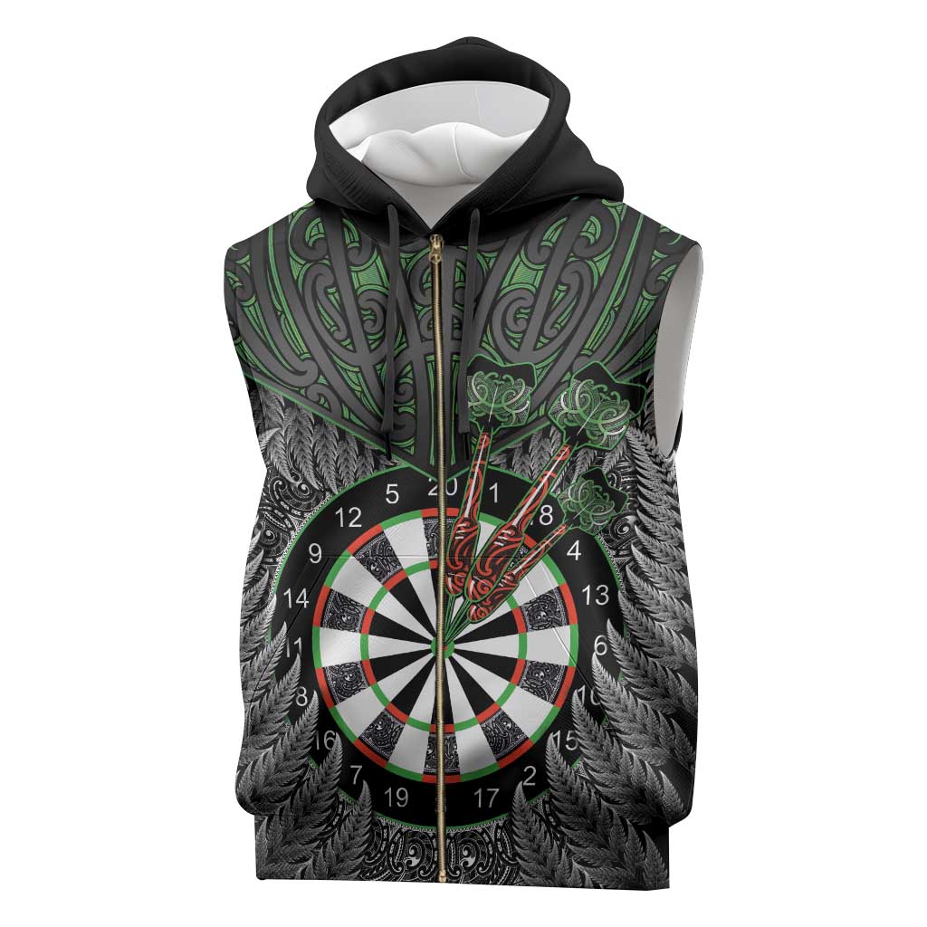 Personalised New Zealand Darts Sleeveless Zip Hoodie Dartboard Maori Fern Puhoro Art - Polynesian Pride