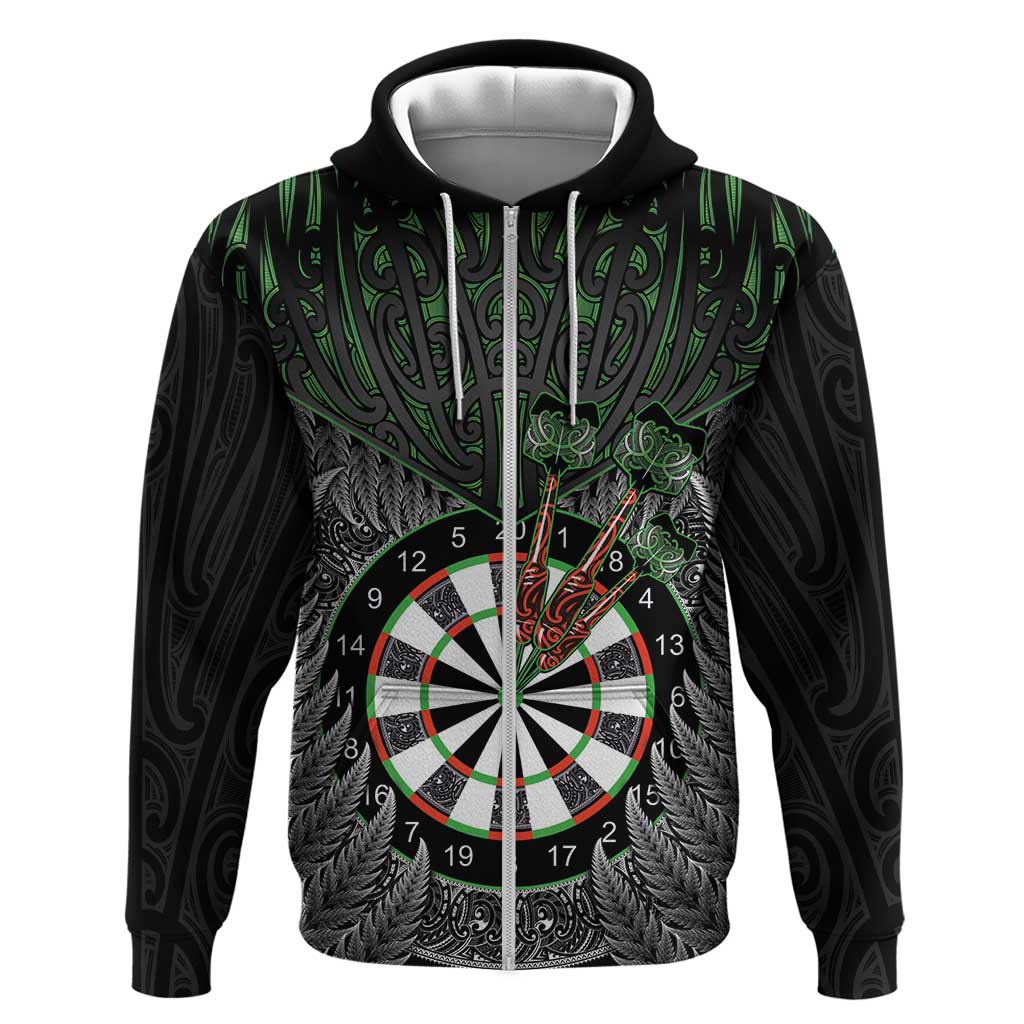 Personalised New Zealand Darts Zip Hoodie Dartboard Maori Fern Puhoro Art