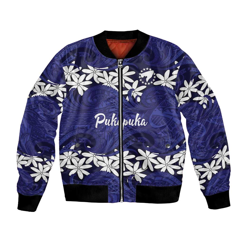 Personalised Cook Islands Pukapuka Bomber Jacket Tiare Maori Polynesian Waves Tattoo