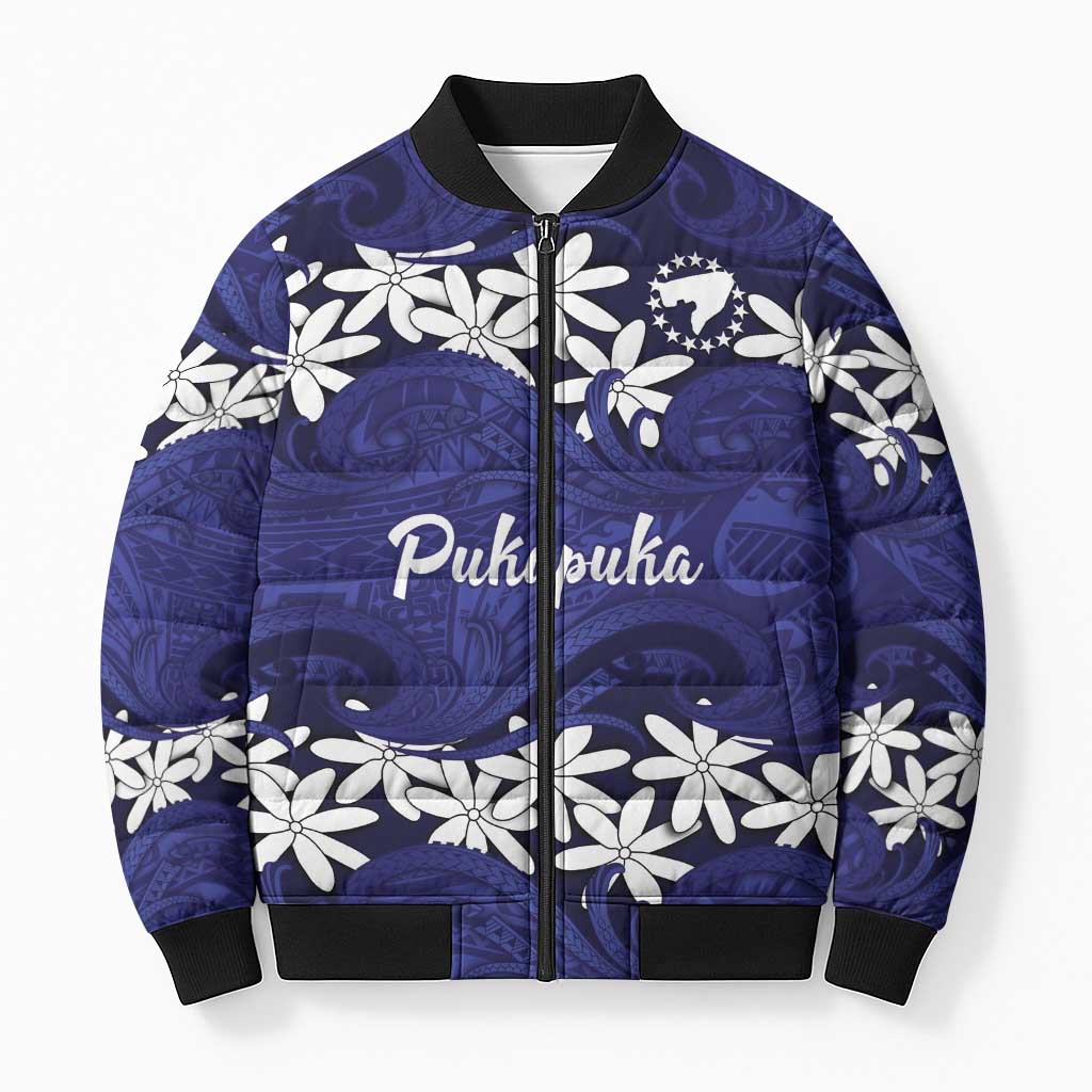 Personalised Cook Islands Pukapuka Bomber Puffer Jacket Tiare Maori Polynesian Waves Tattoo