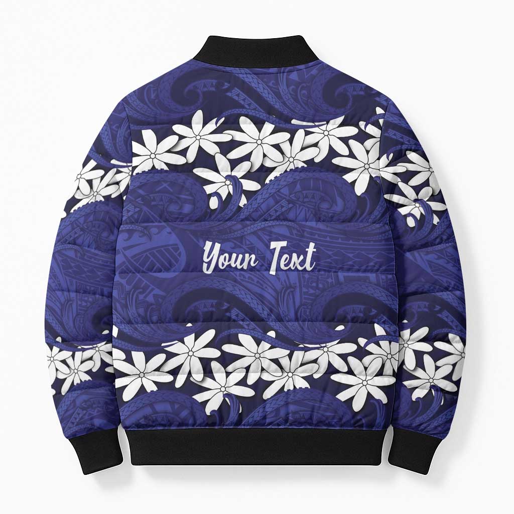 Personalised Cook Islands Pukapuka Bomber Puffer Jacket Tiare Maori Polynesian Waves Tattoo