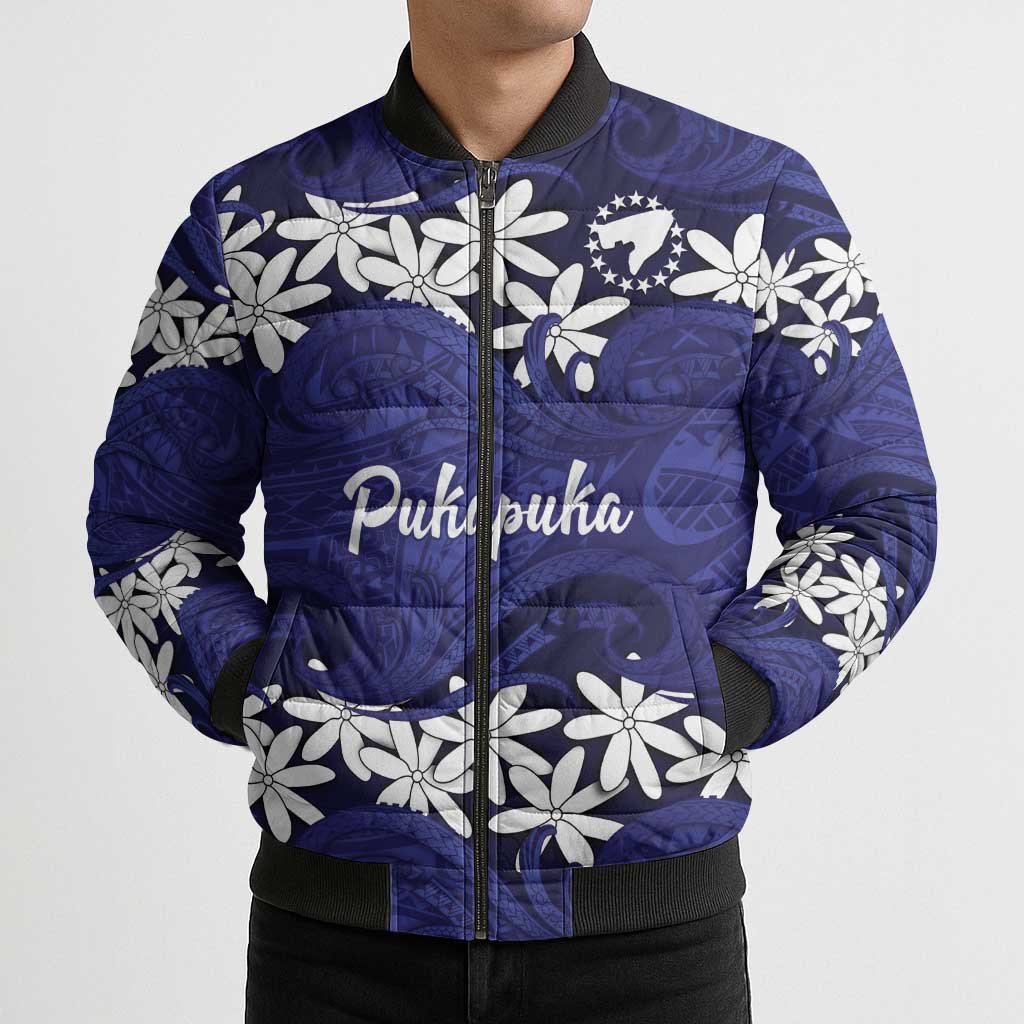 Personalised Cook Islands Pukapuka Bomber Puffer Jacket Tiare Maori Polynesian Waves Tattoo