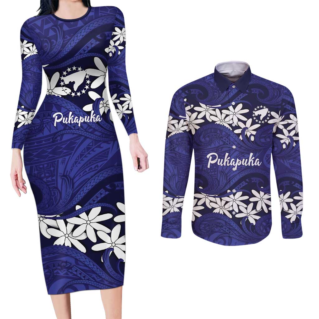 Personalised Cook Islands Pukapuka Couples Matching Long Sleeve Bodycon Dress and Long Sleeve Button Shirt Tiare Maori Polynesian Waves Tattoo