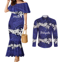 Personalised Cook Islands Pukapuka Couples Matching Mermaid Dress and Long Sleeve Button Shirt Tiare Maori Polynesian Waves Tattoo