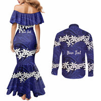 Personalised Cook Islands Pukapuka Couples Matching Mermaid Dress and Long Sleeve Button Shirt Tiare Maori Polynesian Waves Tattoo