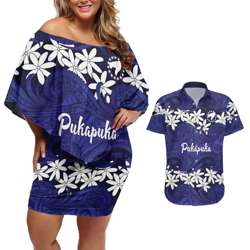 Personalised Cook Islands Pukapuka Couples Matching Off Shoulder Short Dress and Hawaiian Shirt Tiare Maori Polynesian Waves Tattoo