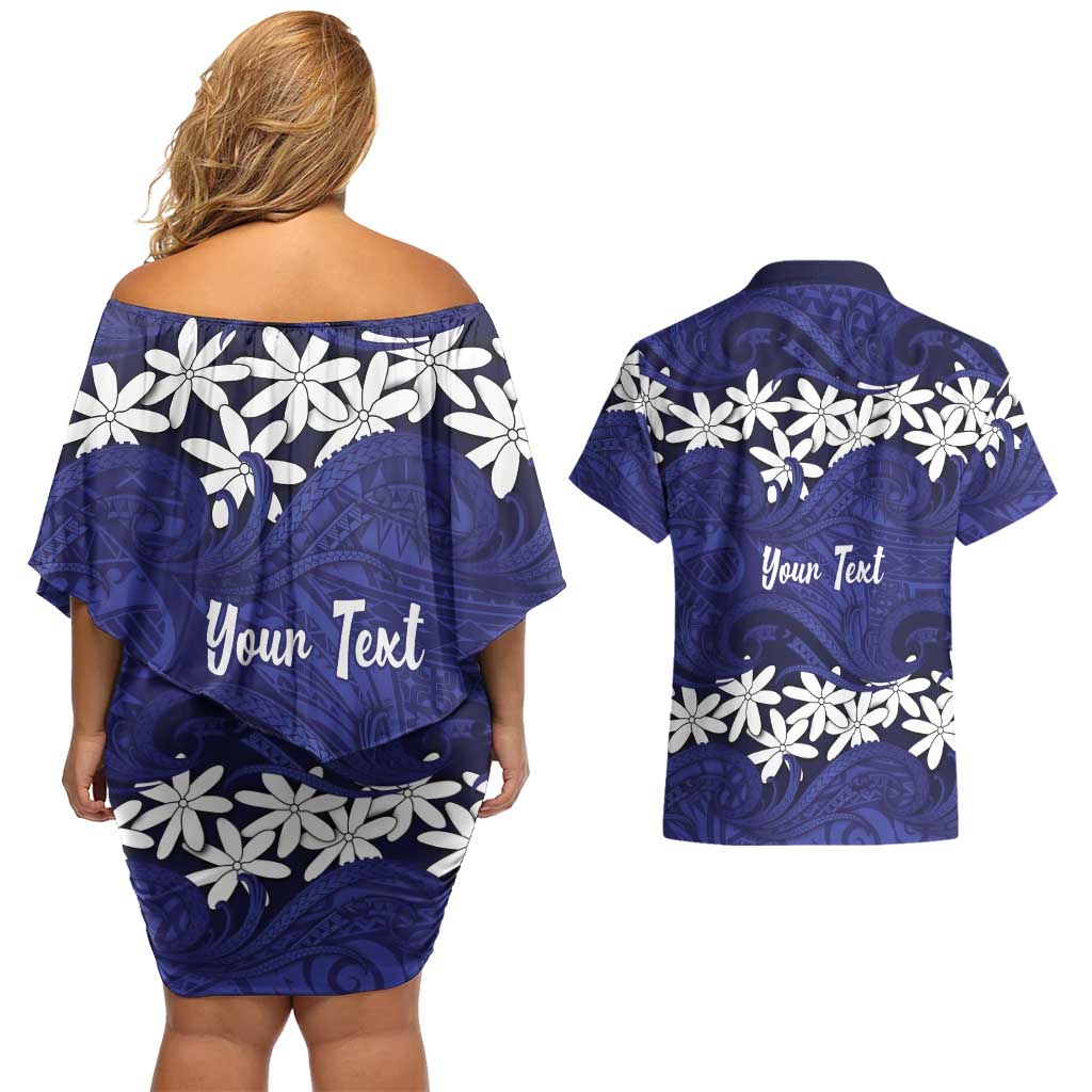Personalised Cook Islands Pukapuka Couples Matching Off Shoulder Short Dress and Hawaiian Shirt Tiare Maori Polynesian Waves Tattoo