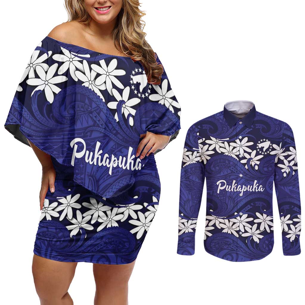Personalised Cook Islands Pukapuka Couples Matching Off Shoulder Short Dress and Long Sleeve Button Shirt Tiare Maori Polynesian Waves Tattoo