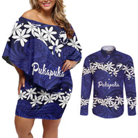 Personalised Cook Islands Pukapuka Couples Matching Off Shoulder Short Dress and Long Sleeve Button Shirt Tiare Maori Polynesian Waves Tattoo