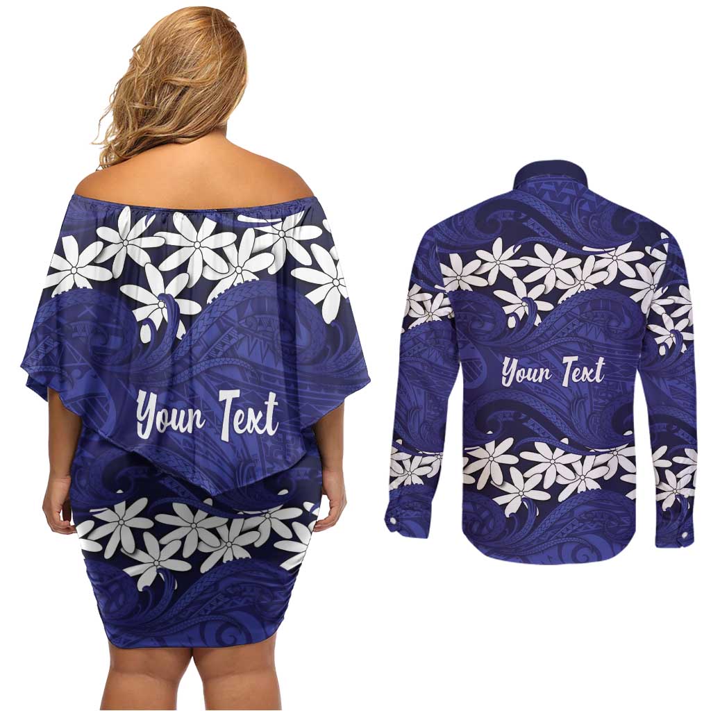Personalised Cook Islands Pukapuka Couples Matching Off Shoulder Short Dress and Long Sleeve Button Shirt Tiare Maori Polynesian Waves Tattoo