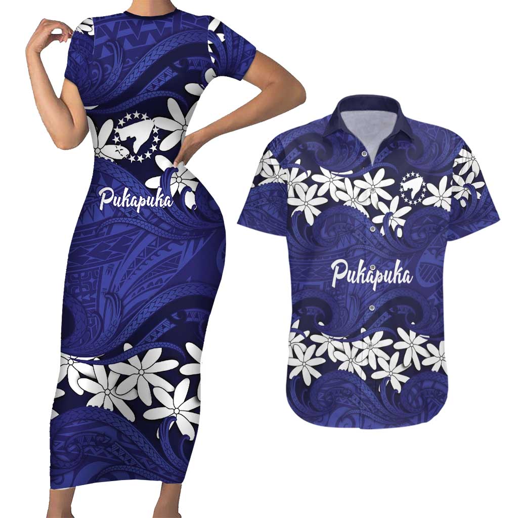 Personalised Cook Islands Pukapuka Couples Matching Short Sleeve Bodycon Dress and Hawaiian Shirt Tiare Maori Polynesian Waves Tattoo