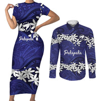 Personalised Cook Islands Pukapuka Couples Matching Short Sleeve Bodycon Dress and Long Sleeve Button Shirt Tiare Maori Polynesian Waves Tattoo