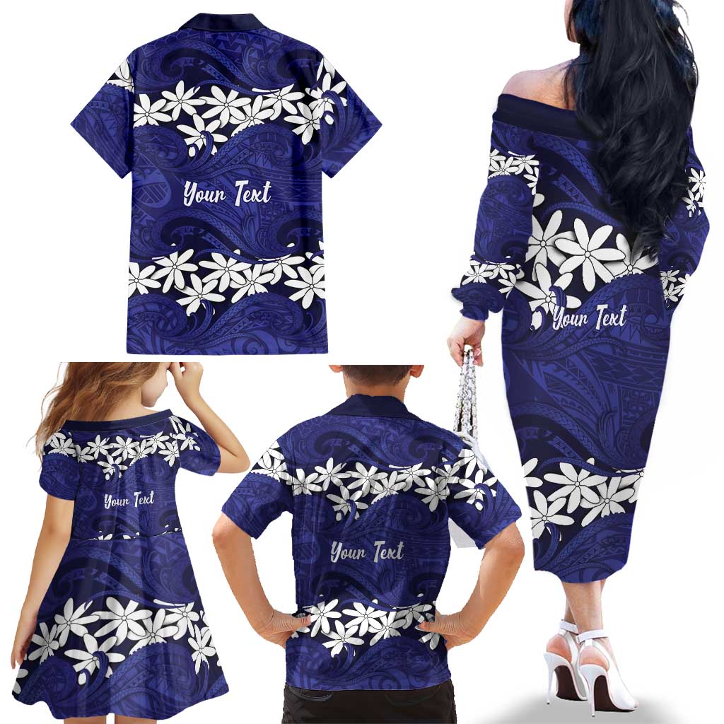 Personalised Cook Islands Pukapuka Family Matching Off The Shoulder Long Sleeve Dress and Hawaiian Shirt Tiare Maori Polynesian Waves Tattoo