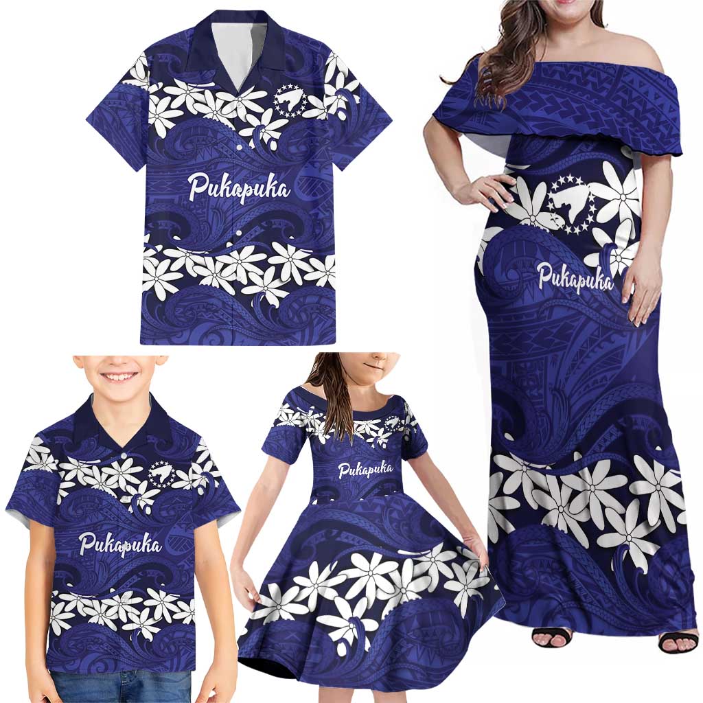 Personalised Cook Islands Pukapuka Family Matching Off Shoulder Maxi Dress and Hawaiian Shirt Tiare Maori Polynesian Waves Tattoo