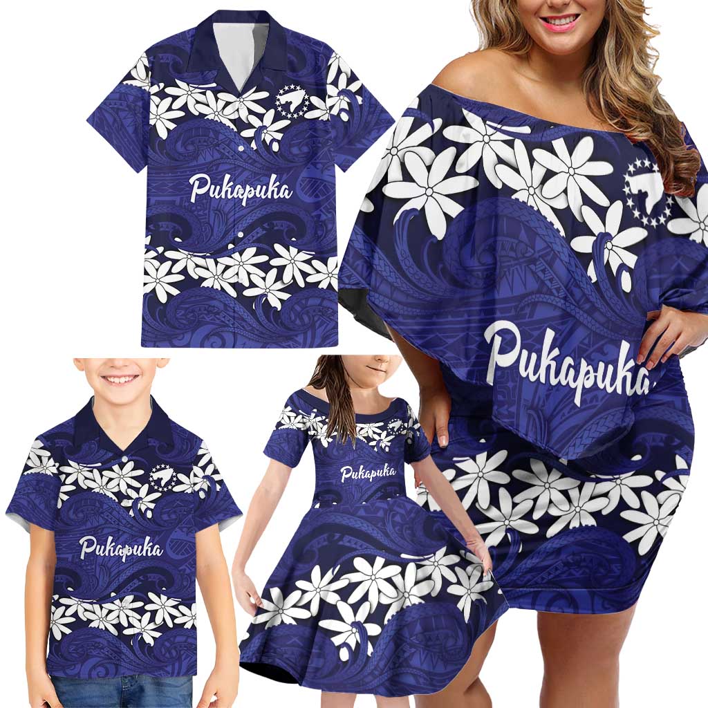 Personalised Cook Islands Pukapuka Family Matching Off Shoulder Short Dress and Hawaiian Shirt Tiare Maori Polynesian Waves Tattoo