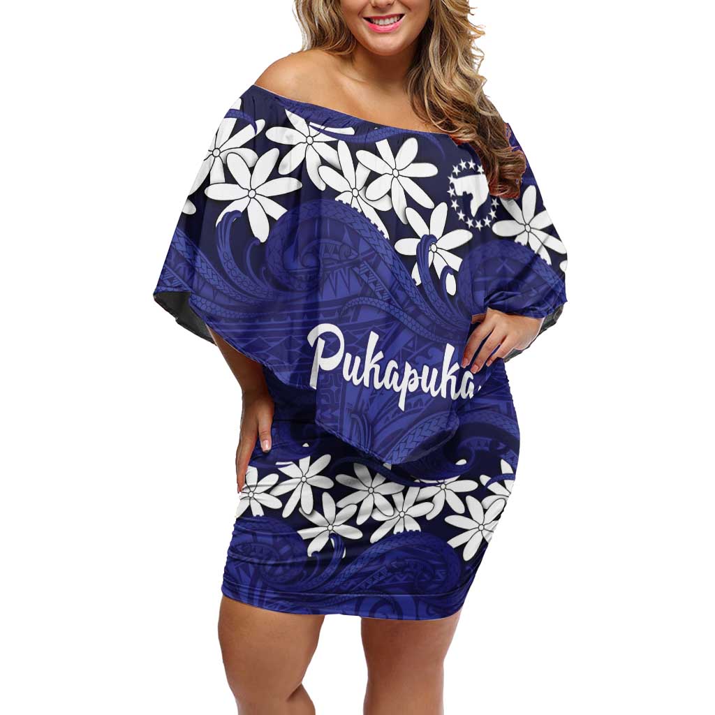 Personalised Cook Islands Pukapuka Family Matching Off Shoulder Short Dress and Hawaiian Shirt Tiare Maori Polynesian Waves Tattoo
