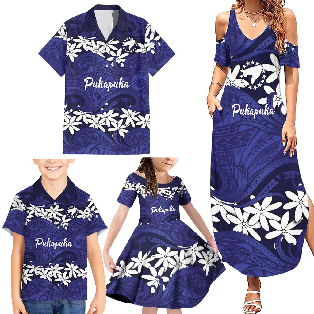 Personalised Cook Islands Pukapuka Family Matching Summer Maxi Dress and Hawaiian Shirt Tiare Maori Polynesian Waves Tattoo