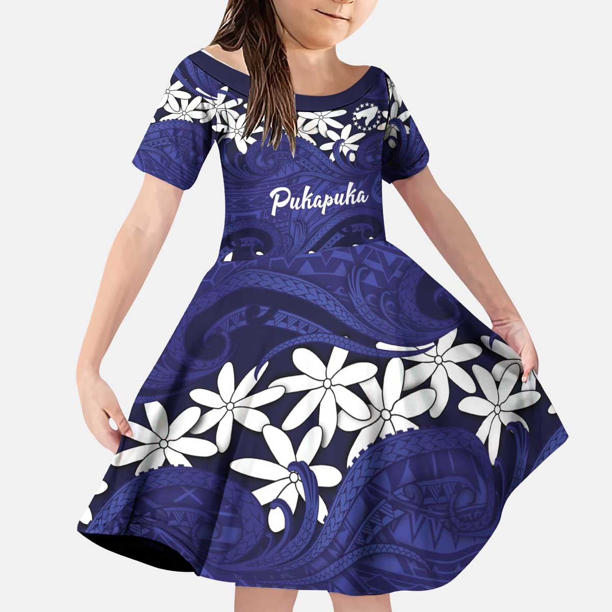 Personalised Cook Islands Pukapuka Kid Short Sleeve Dress Tiare Maori Polynesian Waves Tattoo