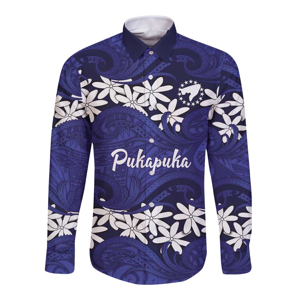Personalised Cook Islands Pukapuka Long Sleeve Button Shirt Tiare Maori Polynesian Waves Tattoo