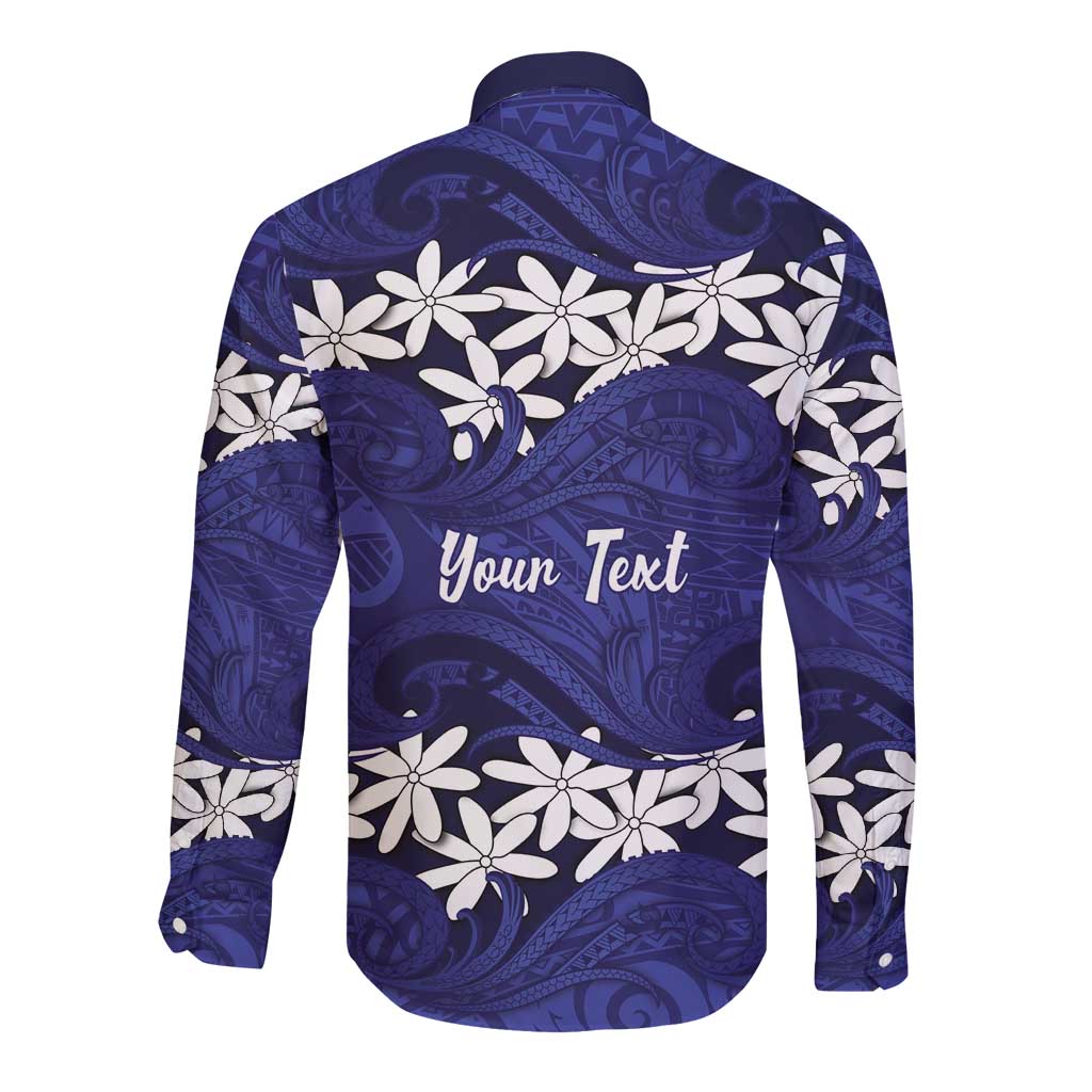 Personalised Cook Islands Pukapuka Long Sleeve Button Shirt Tiare Maori Polynesian Waves Tattoo