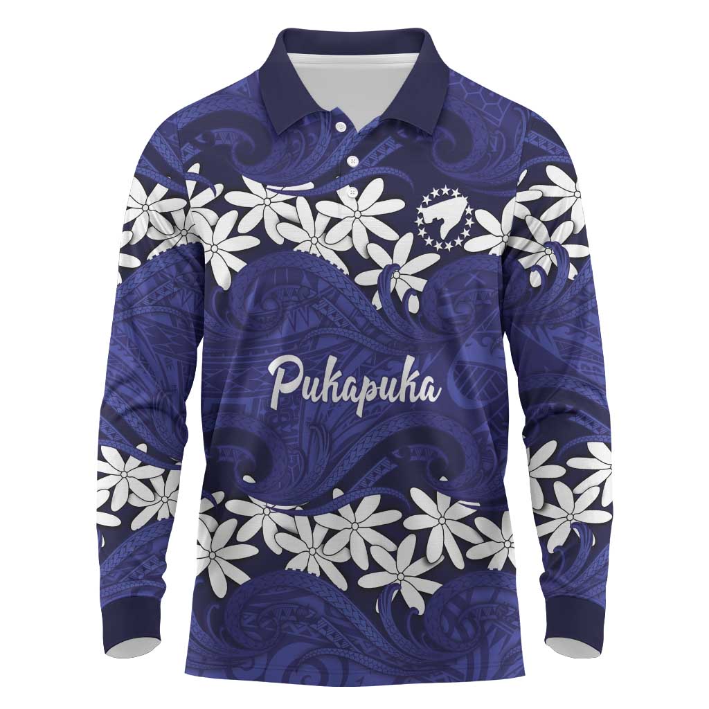 Personalised Cook Islands Pukapuka Long Sleeve Polo Shirt Tiare Maori Polynesian Waves Tattoo LT14 Blue - Polynesian Pride