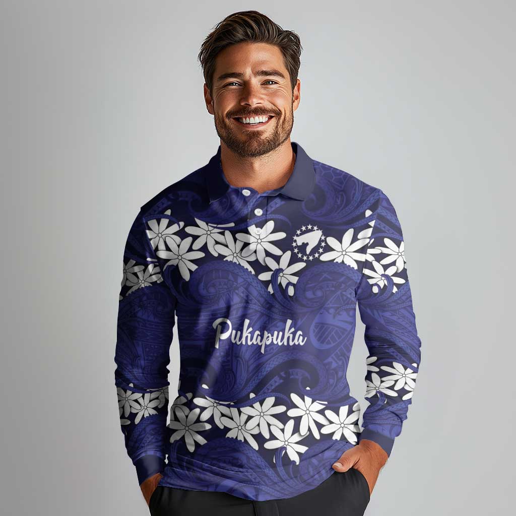 Personalised Cook Islands Pukapuka Long Sleeve Polo Shirt Tiare Maori Polynesian Waves Tattoo LT14 - Polynesian Pride