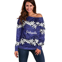 Personalised Cook Islands Pukapuka Off Shoulder Sweater Tiare Maori Polynesian Waves Tattoo LT14 Women Blue - Polynesian Pride