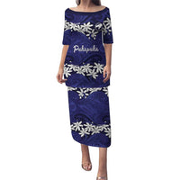 Personalised Cook Islands Pukapuka Puletasi Tiare Maori Polynesian Waves Tattoo LT14 Long Dress Blue - Polynesian Pride