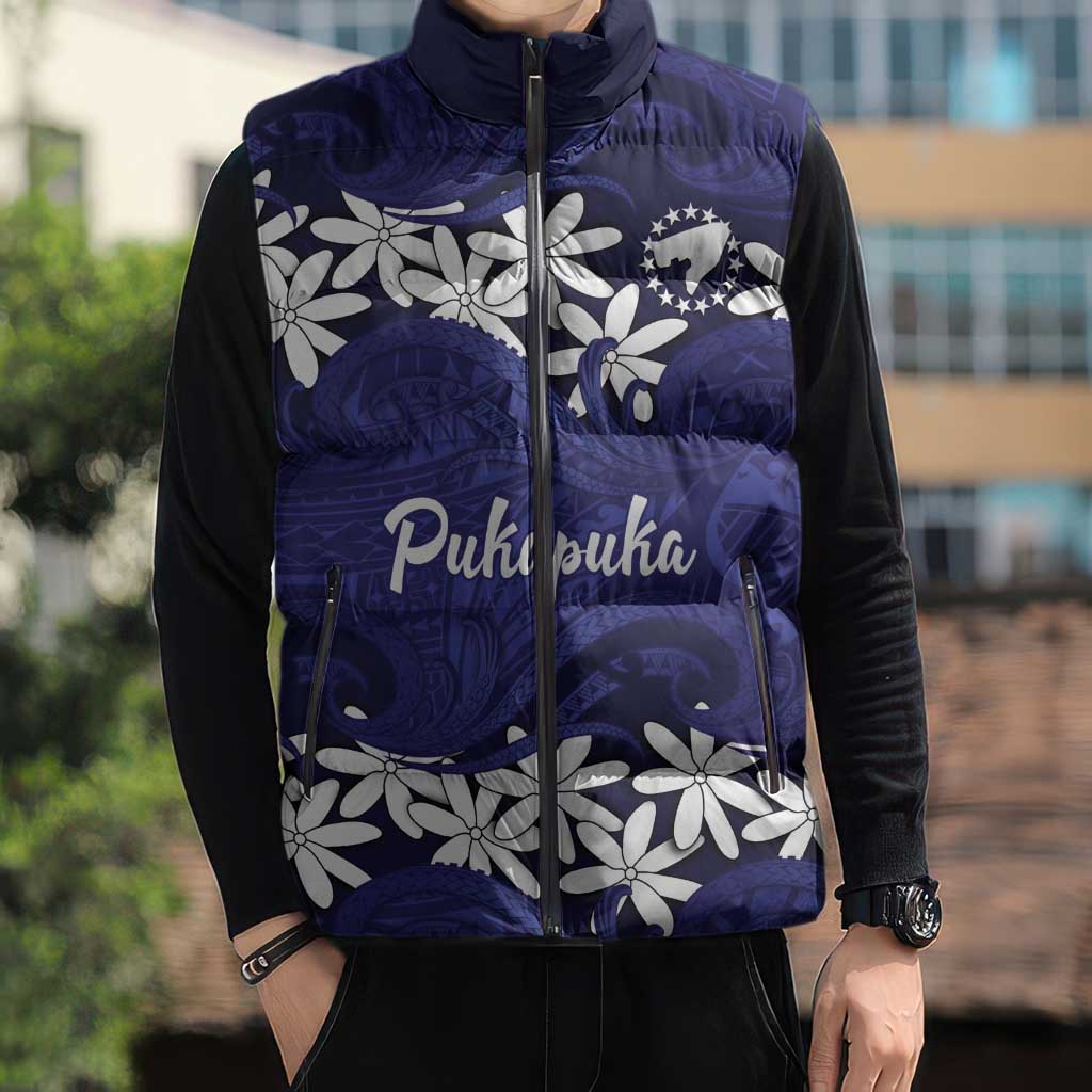 Personalised Cook Islands Pukapuka Sleeveless Puffer Jacket Tiare Maori Polynesian Waves Tattoo