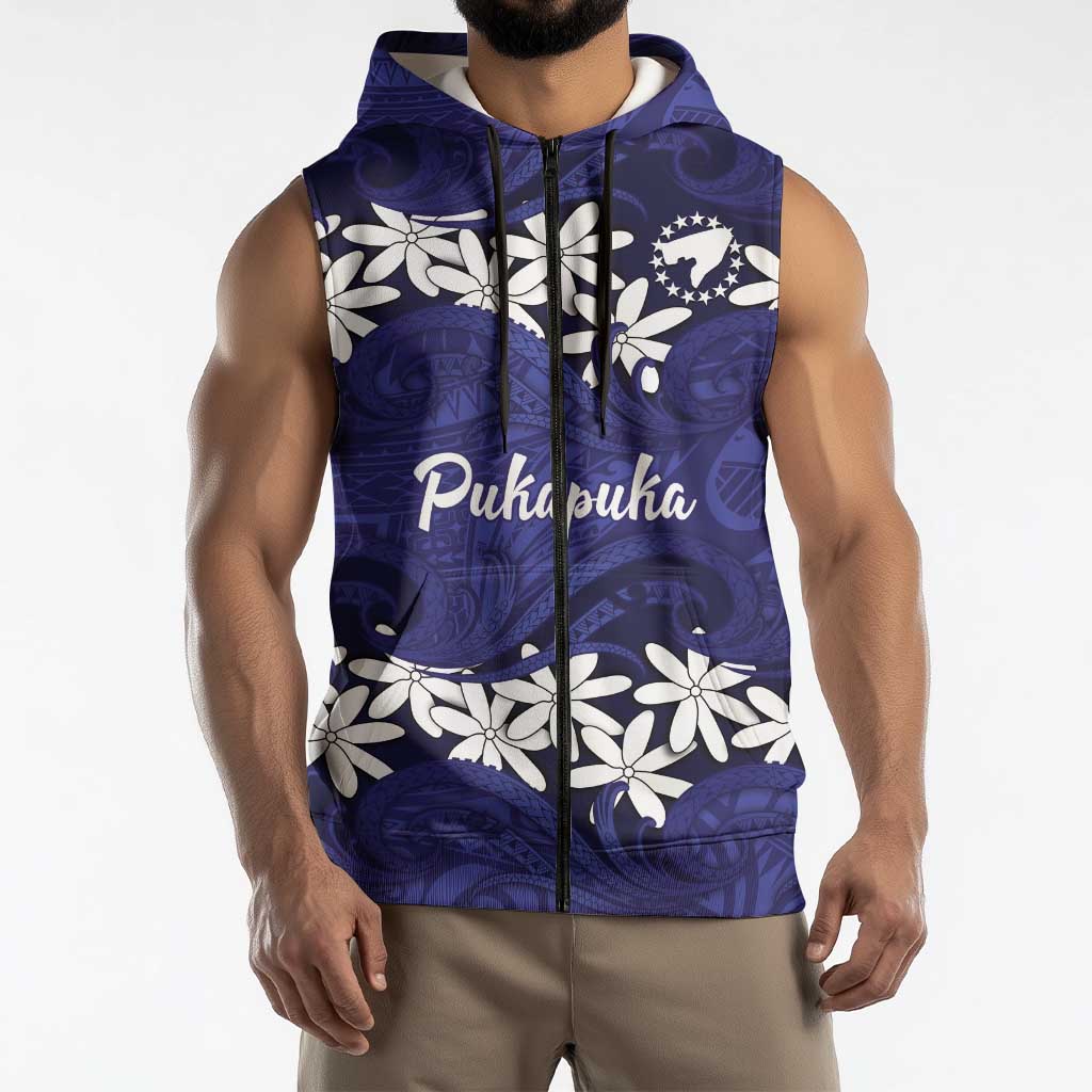 Personalised Cook Islands Pukapuka Sleeveless Zip Hoodie Tiare Maori Polynesian Waves Tattoo