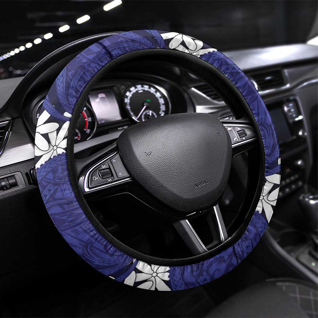 Cook Islands Pukapuka Steering Wheel Cover Tiare Maori Polynesian Waves Tattoo LT14 Universal Fit Blue - Polynesian Pride